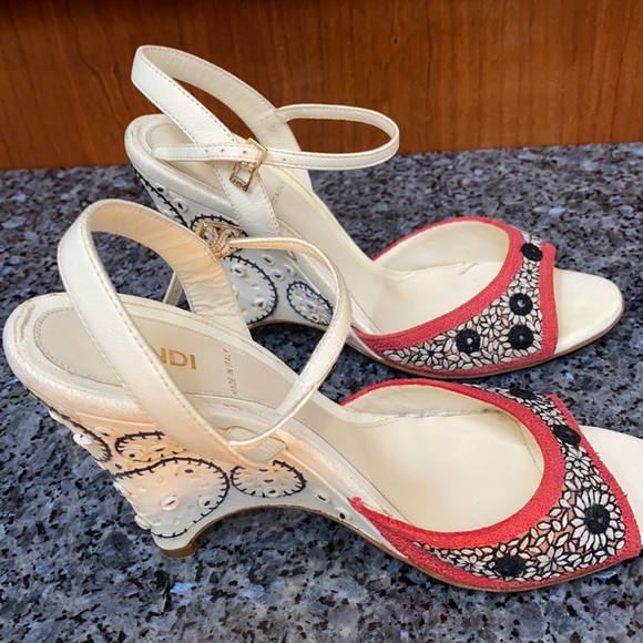Fendi Embroidered Wedge Sandals Size 37 - Picture 4 of 9